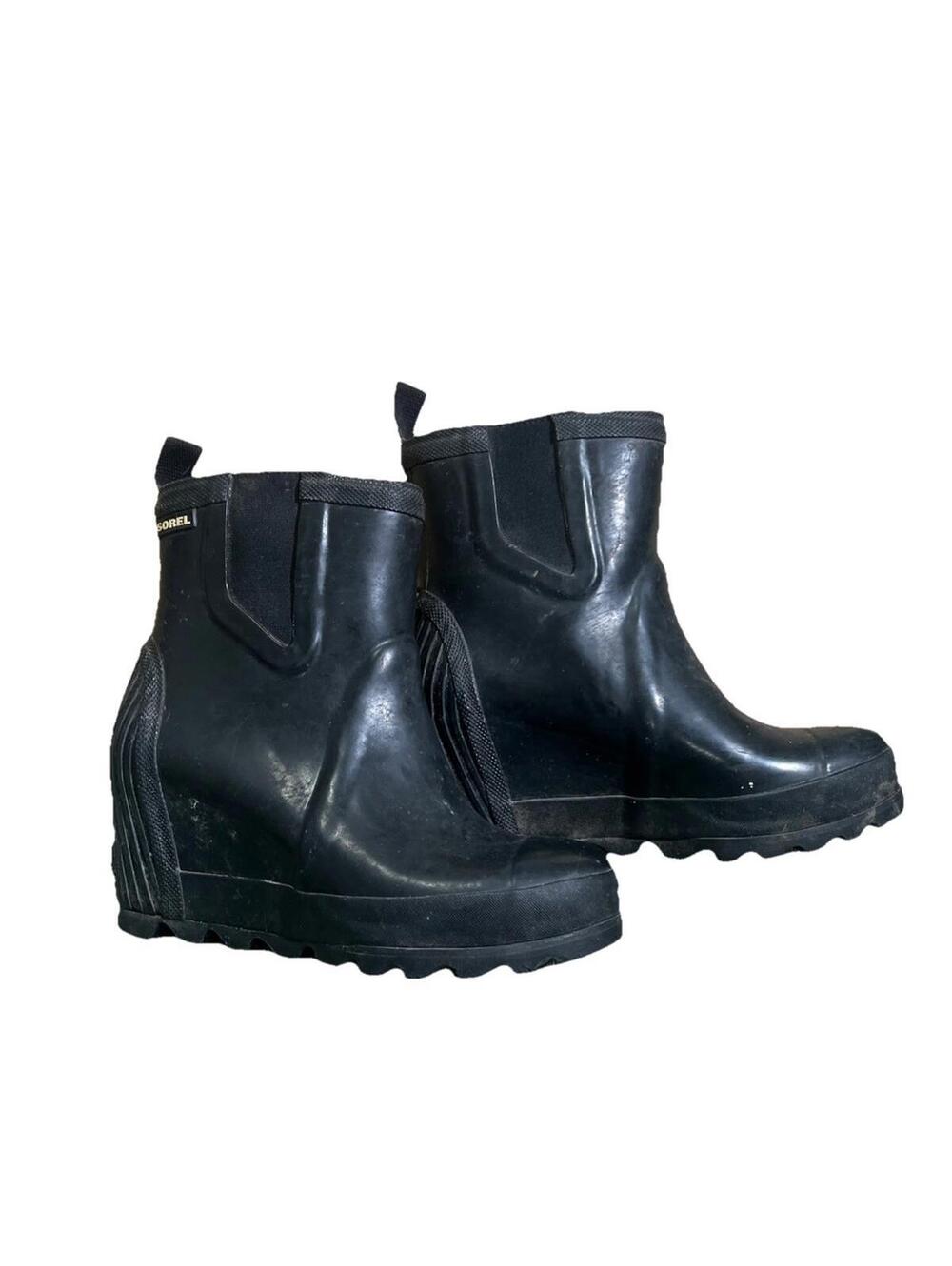 Sorel Black Short Waterproof Wedge Rain Booties
